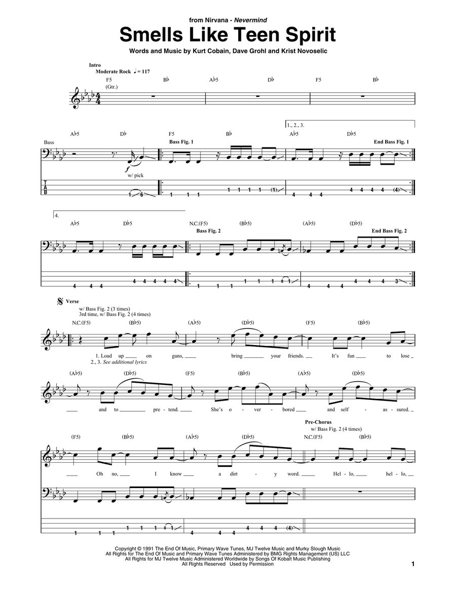 Smells Like Teen Spirit Smells Like Teen Spirit Bass Guitar Tablature scores gallery preview page 1