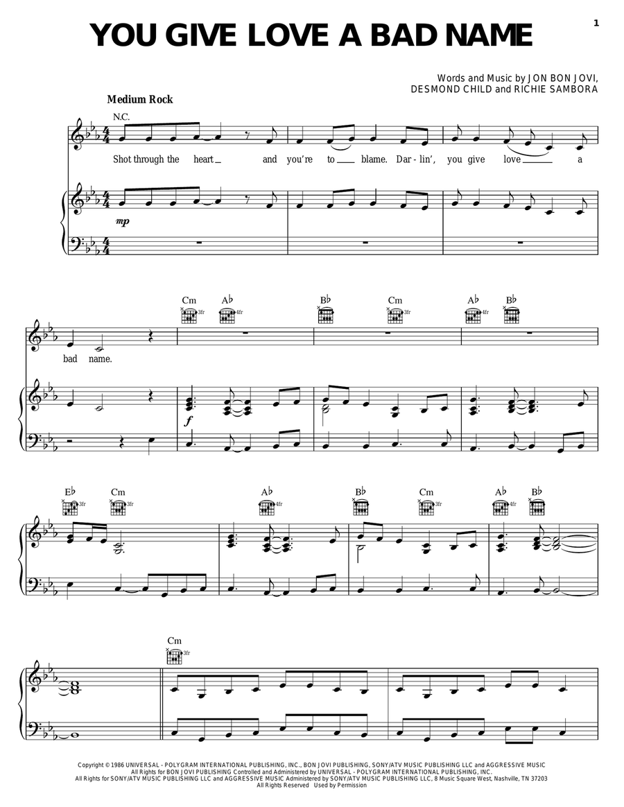 You Give Love A Bad Name Piano, Vocal, Guitar scores gallery preview page 1