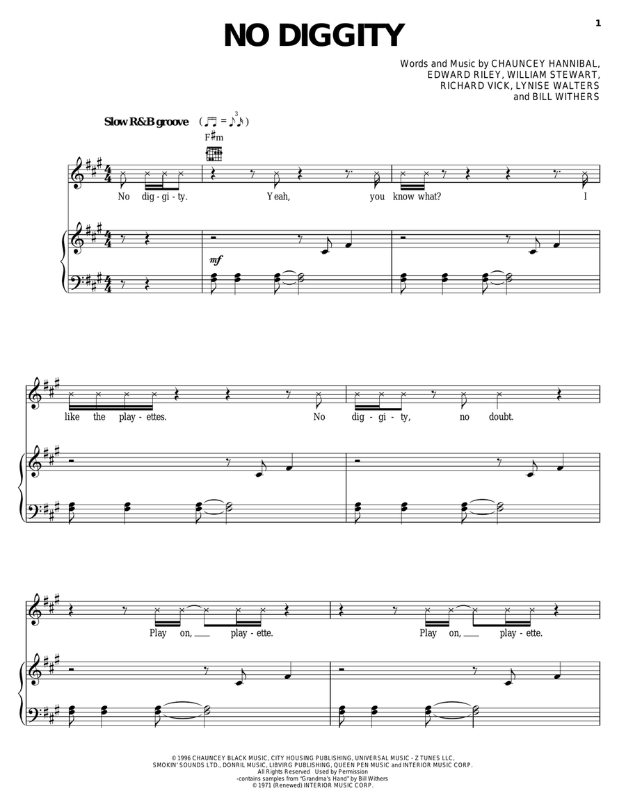 No Diggity Piano, Vocal, Guitar scores gallery preview page 1