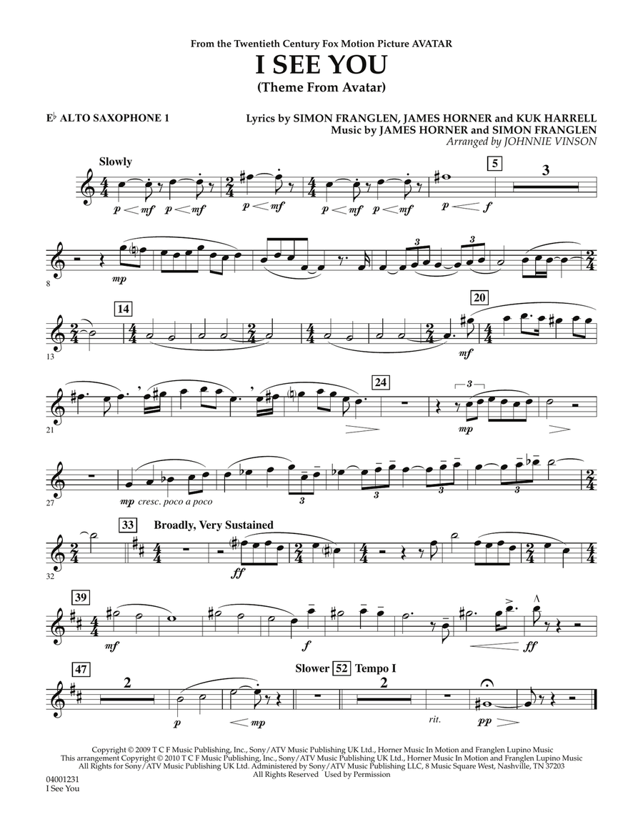 I See You (Theme from Avatar) - Eb Alto Saxophone 1 Concert Band scores gallery preview page 1