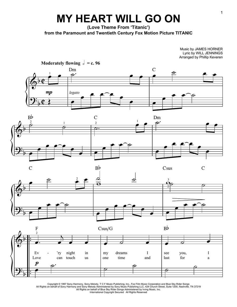 My Heart Will Go On (from Titanic) (arr. Phillip Keveren) Easy Piano scores gallery preview page 1