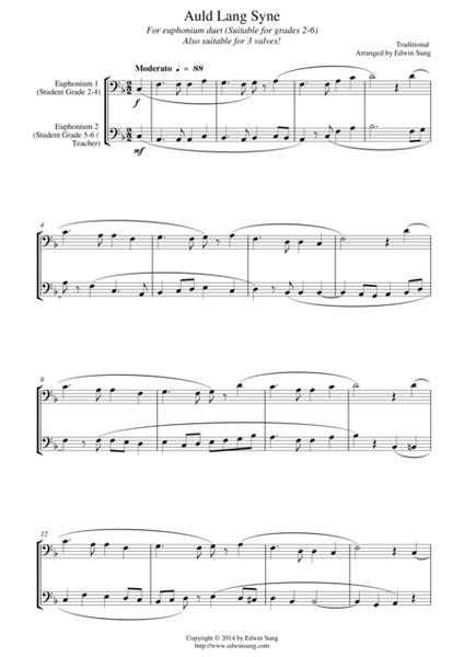 Auld Lang Syne (for euphonium duet (bass clef, 3 or 4 valved), suitable for grades 2-6) image number null