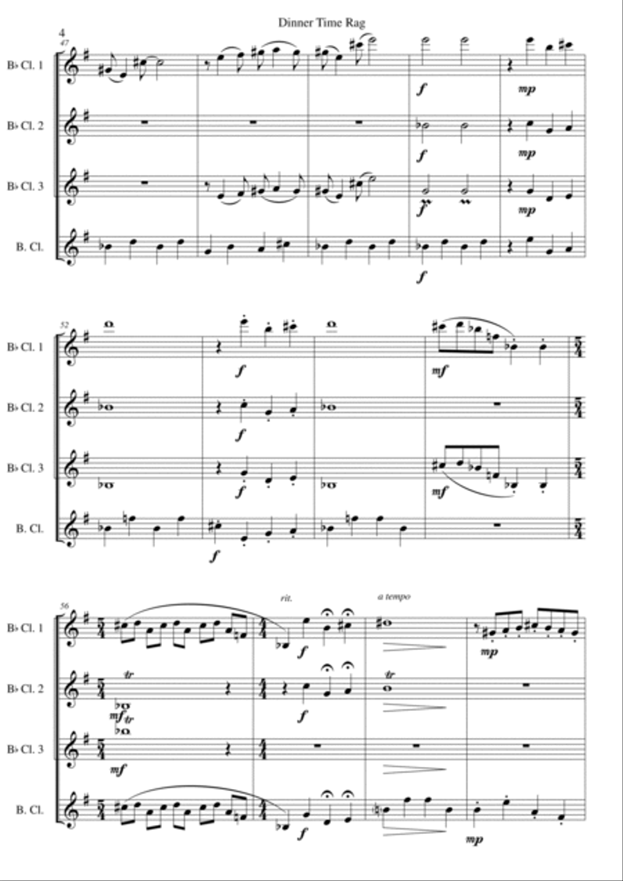 Dinner Time Rag for clarinet quartet (3 B-flat clarinets, 1 bass clarinet) Clarinet Quartet scores gallery preview page 4