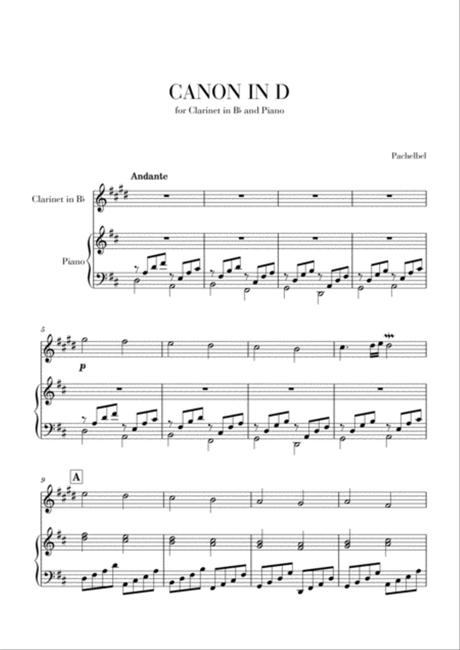 Canon in D for Clarinet in Bb and Piano Woodwind Duet scores gallery preview page 1