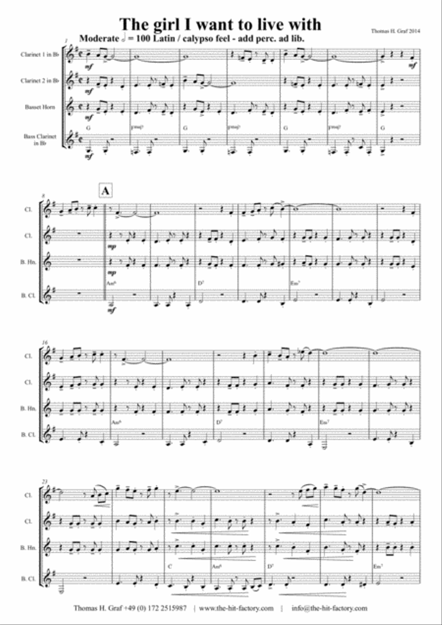 The girl I want to live with - Latin/Calypso - Clarinet Quartet Clarinet Quartet scores gallery preview page 2