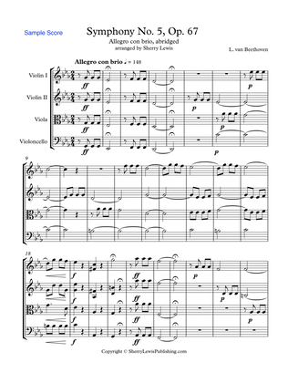 SYMPHONY NO. 5 OP. 67, BEETHOVEN - ALLEGRO CON BRIO, String Quartet, Abridged, Intermediate Level fo