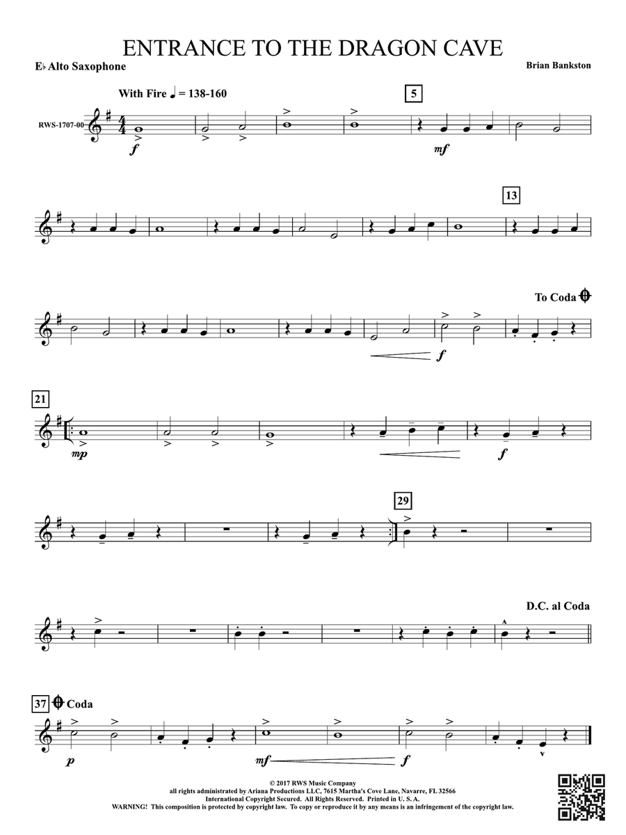 Entrance to the Dragon Cave: 1st E-flat Alto Saxophone Alto Saxophone scores gallery preview page 1