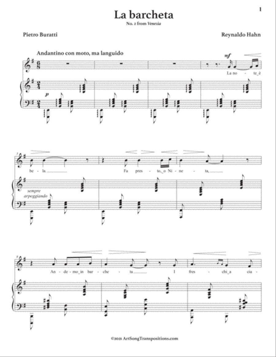HAHN: La barcheta (transposed to E minor) Voice scores gallery preview page 2
