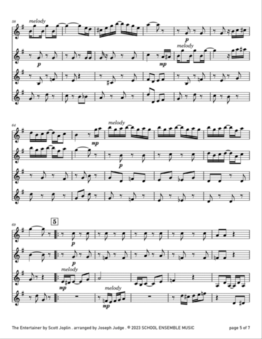 The Entertainer by Scott Joplin for Clarinet Quartet in Schools Clarinet Quartet scores gallery preview page 5