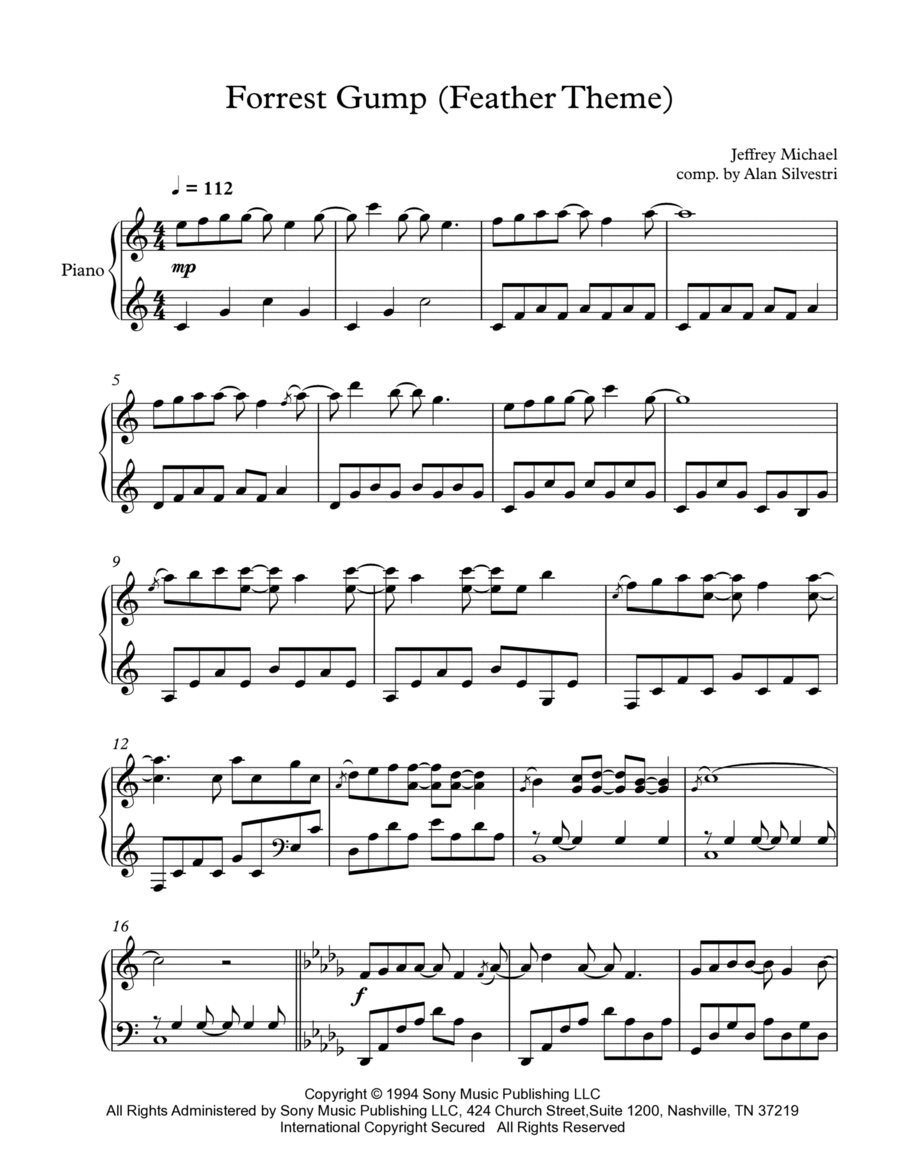 Forrest Gump - Main Title (feather Theme) Piano Solo scores gallery preview page 1