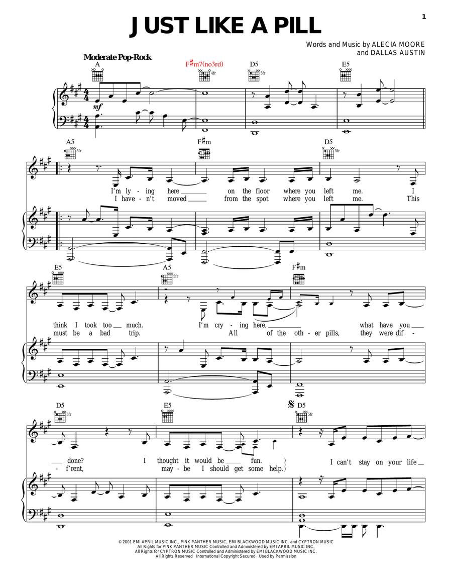 Just Like A Pill Piano, Vocal, Guitar scores gallery preview page 1