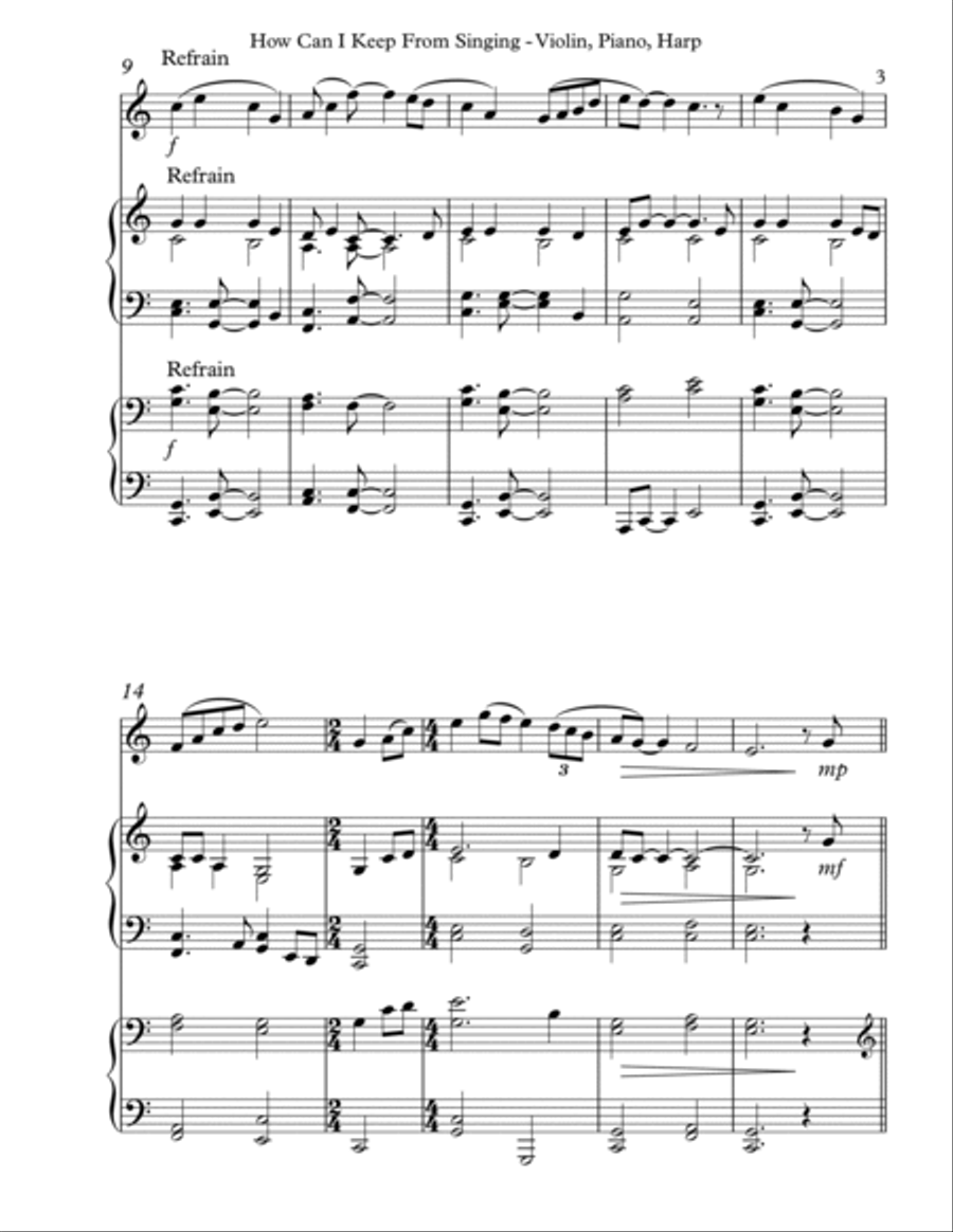 How Can I Keep From Singing, Trio for Violin, Piano & Harp Pedal Harp scores gallery preview page 3