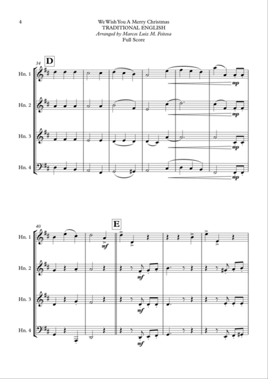 We Wish You A Merry Christmas - Horn in F Quartet French Horn Quartet scores gallery preview page 6