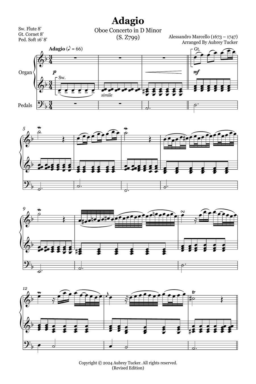 Organ: Adagio (Oboe Concerto in D Minor, S. Z799) - Alessandro Marcello Organ Solo scores gallery preview page 2