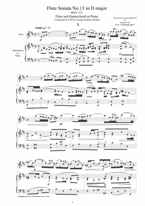 Handel - Flute Sonata No.13 in D major Op.1 HWV 371 for Flute and Harpsichord or Piano
