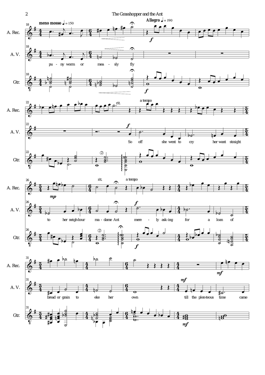 The grasshopper and the ant for alto voice, alto recorder and guitar Small Ensemble scores gallery preview page 2