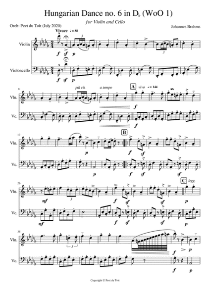 Hungarian Dance no. 6 in Db - J Brahms (WoO 1 - J Brahms (Violin & Cello) image number null