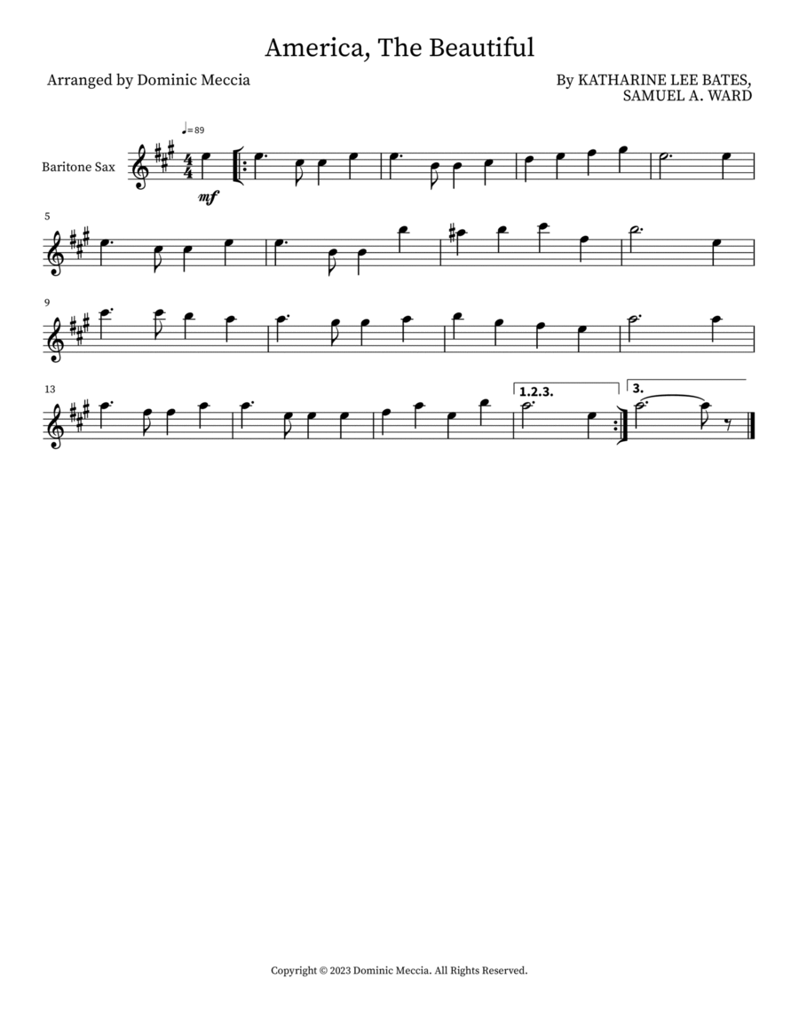 America, The Beautiful Baritone Saxophone scores gallery preview page 1