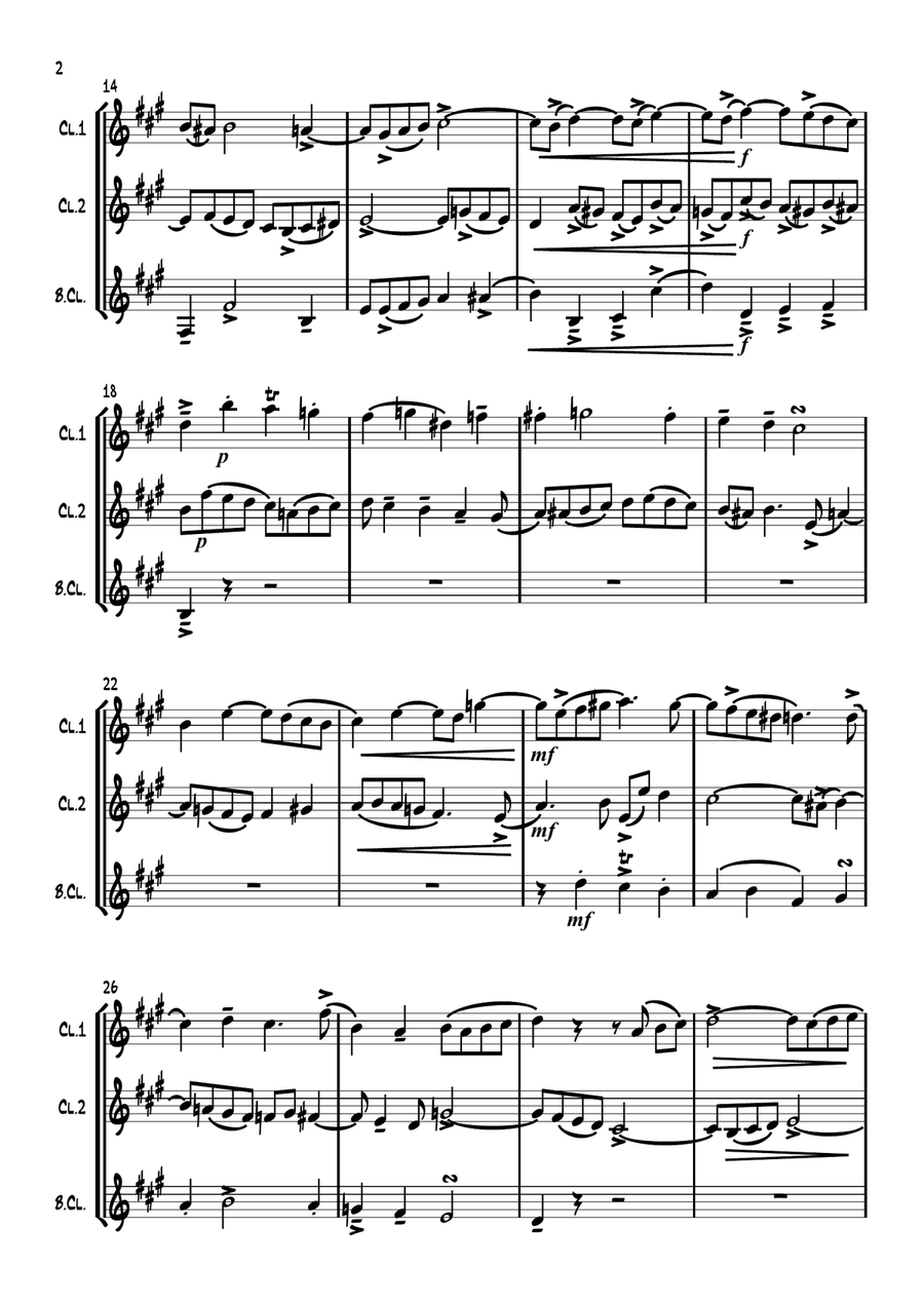 'Fugue in A Major' by Carl Philipp Emanuel Bach (Wq 119/4) for Clarinet Trio. Clarinet Trio scores gallery preview page 2