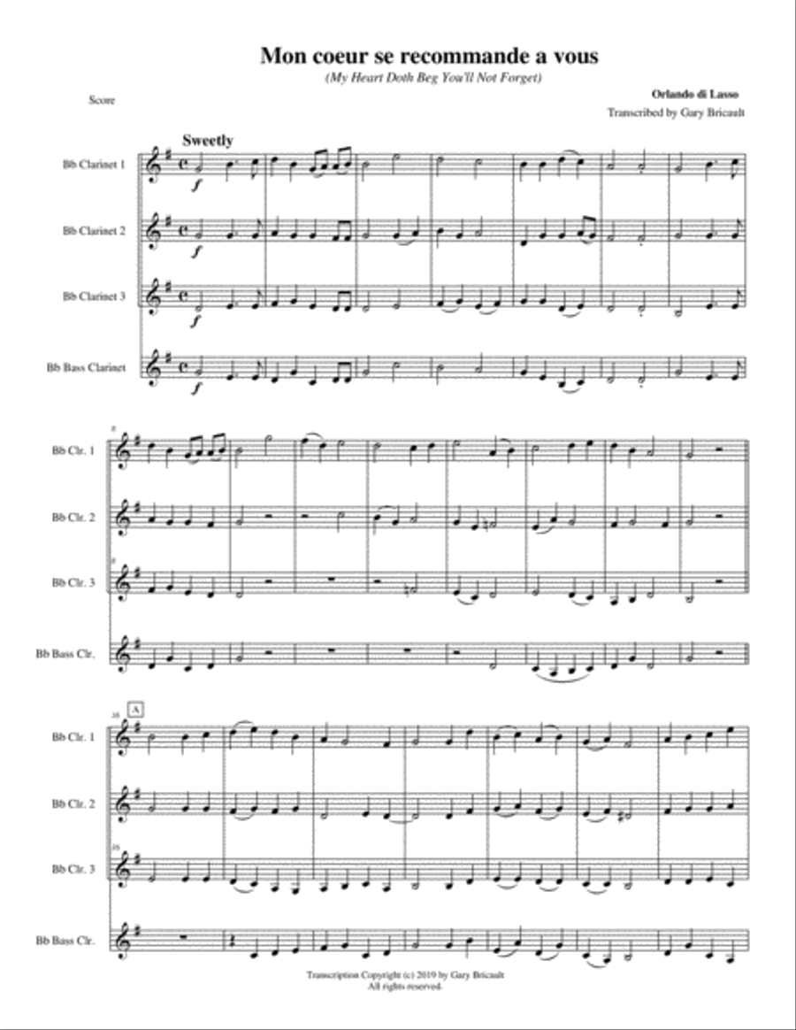 Mon coeur se recommande a vous - (My Heart Doth Beg You'll Not Forget) Clarinet Quartet scores gallery preview page 1