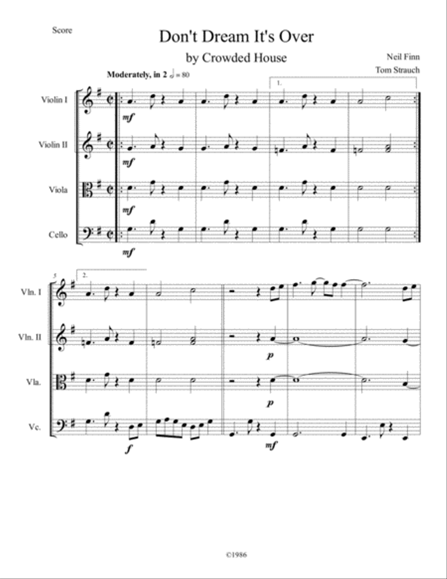Don't Dream It's Over Don't Dream It's Over String Quartet scores gallery preview page 1