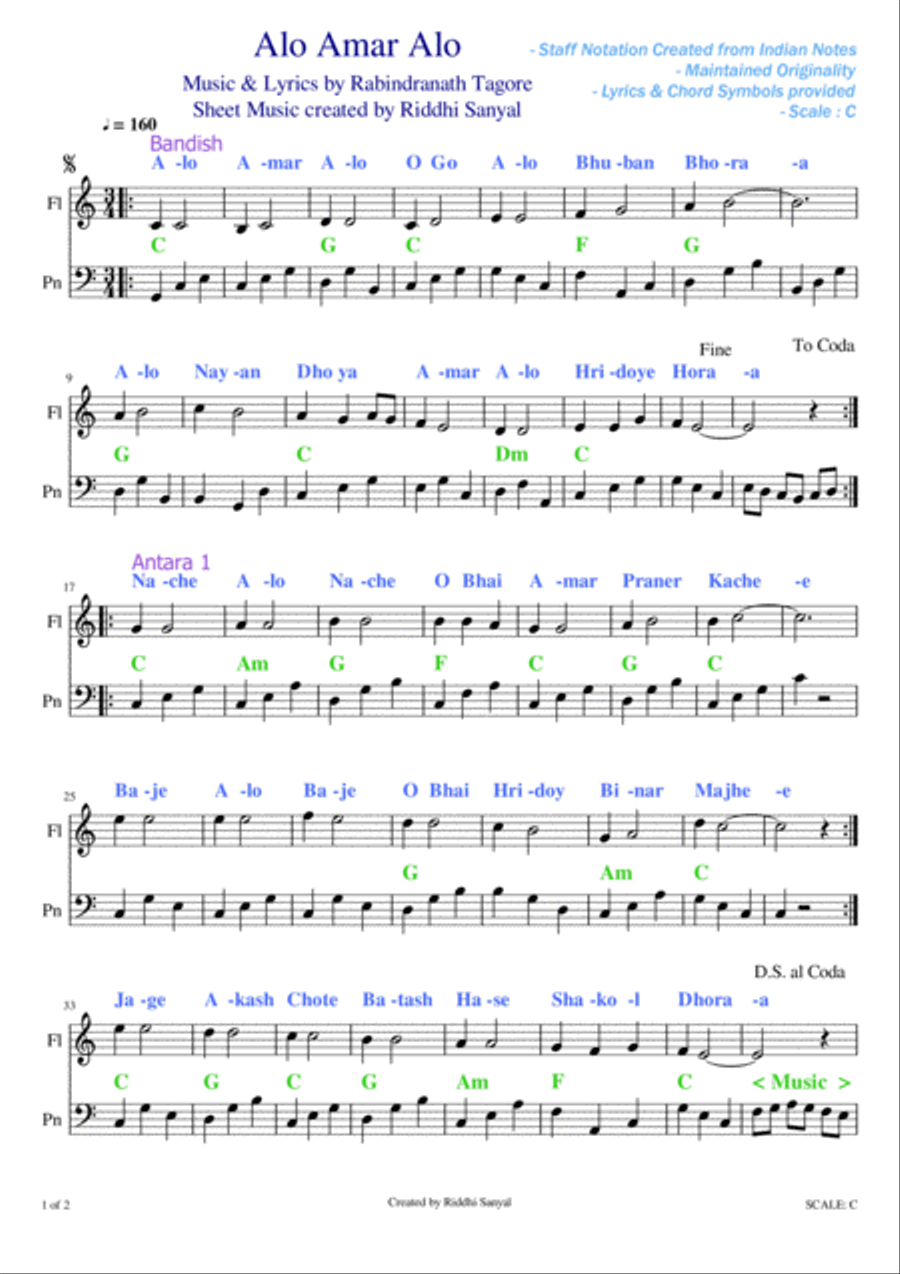 Alo Amar Alo - A Tagore Song in Scale C Piano, Vocal, Guitar scores gallery preview page 1