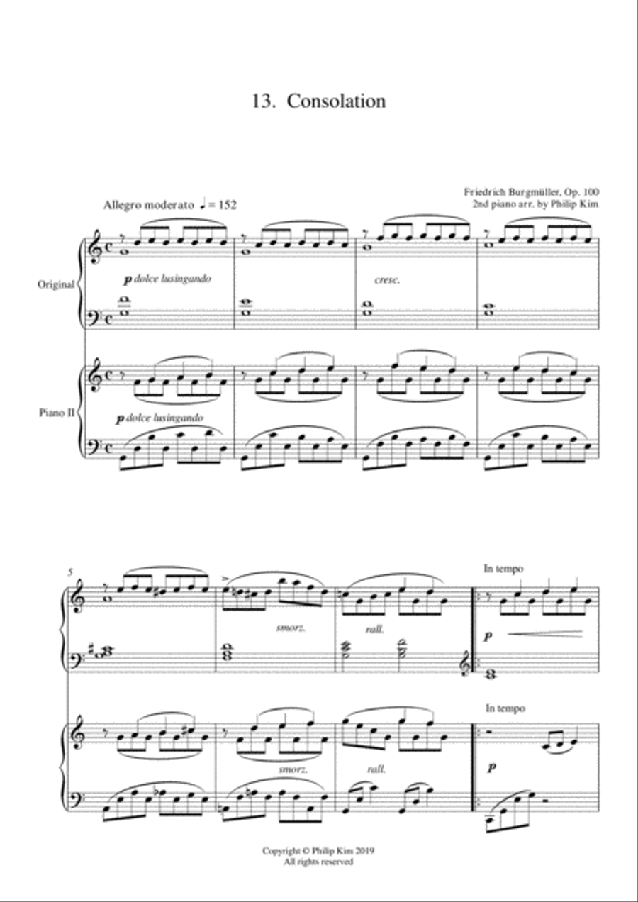 13. Consolation 25 Progressive Studies Opus 100 for 2 pianos Friedrich Burgmüller Piano Method scores gallery preview page 1