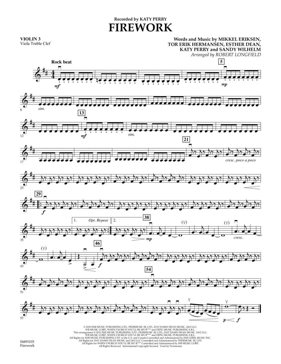Firework - Violin 3 (Viola Treble Clef) Orchestra scores gallery preview page 1