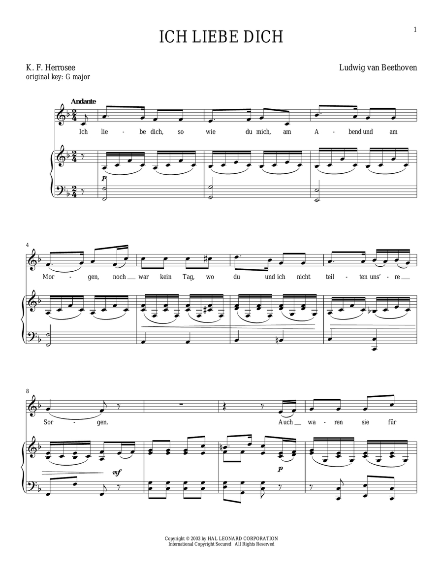 Ich Liebe Dich (I Love You) (Beethoven) Piano, Vocal scores gallery preview page 1