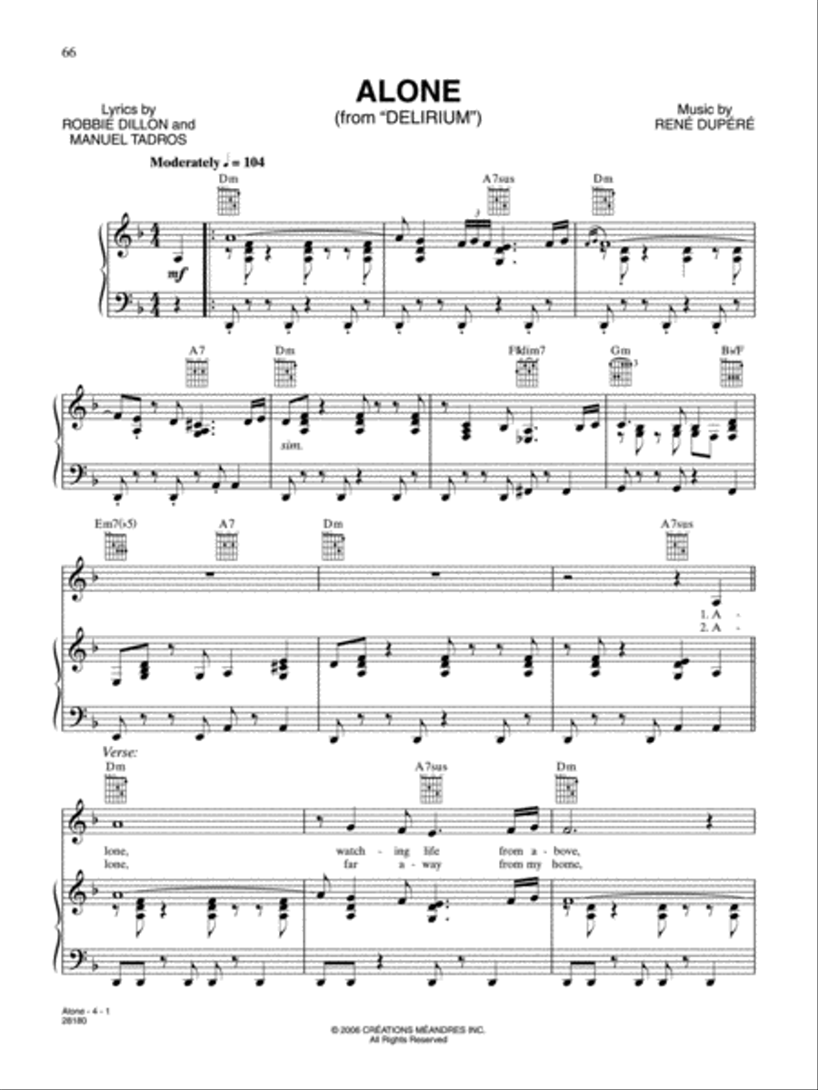 Alone (from Cirque Du Soleil: Delirium) Piano, Vocal, Guitar scores gallery preview page 1