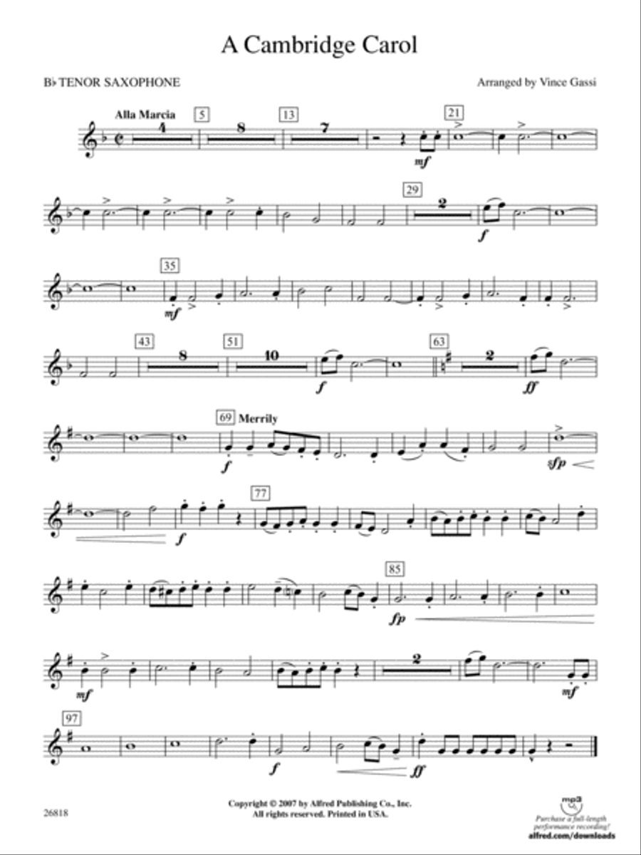 A Cambridge Carol: B-flat Tenor Saxophone Concert Band scores gallery preview page 1