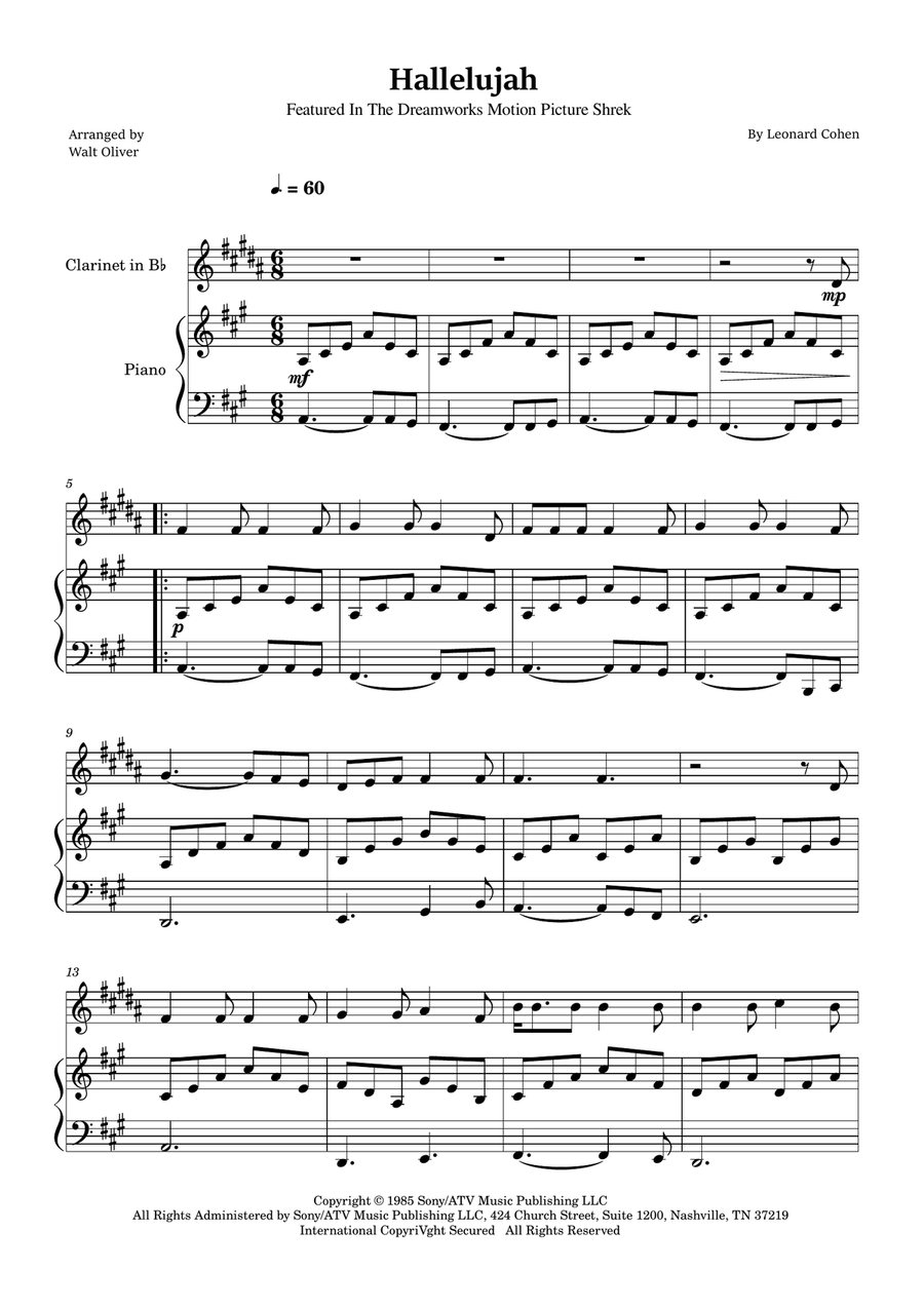 Hallelujah B-Flat Clarinet scores gallery preview page 1