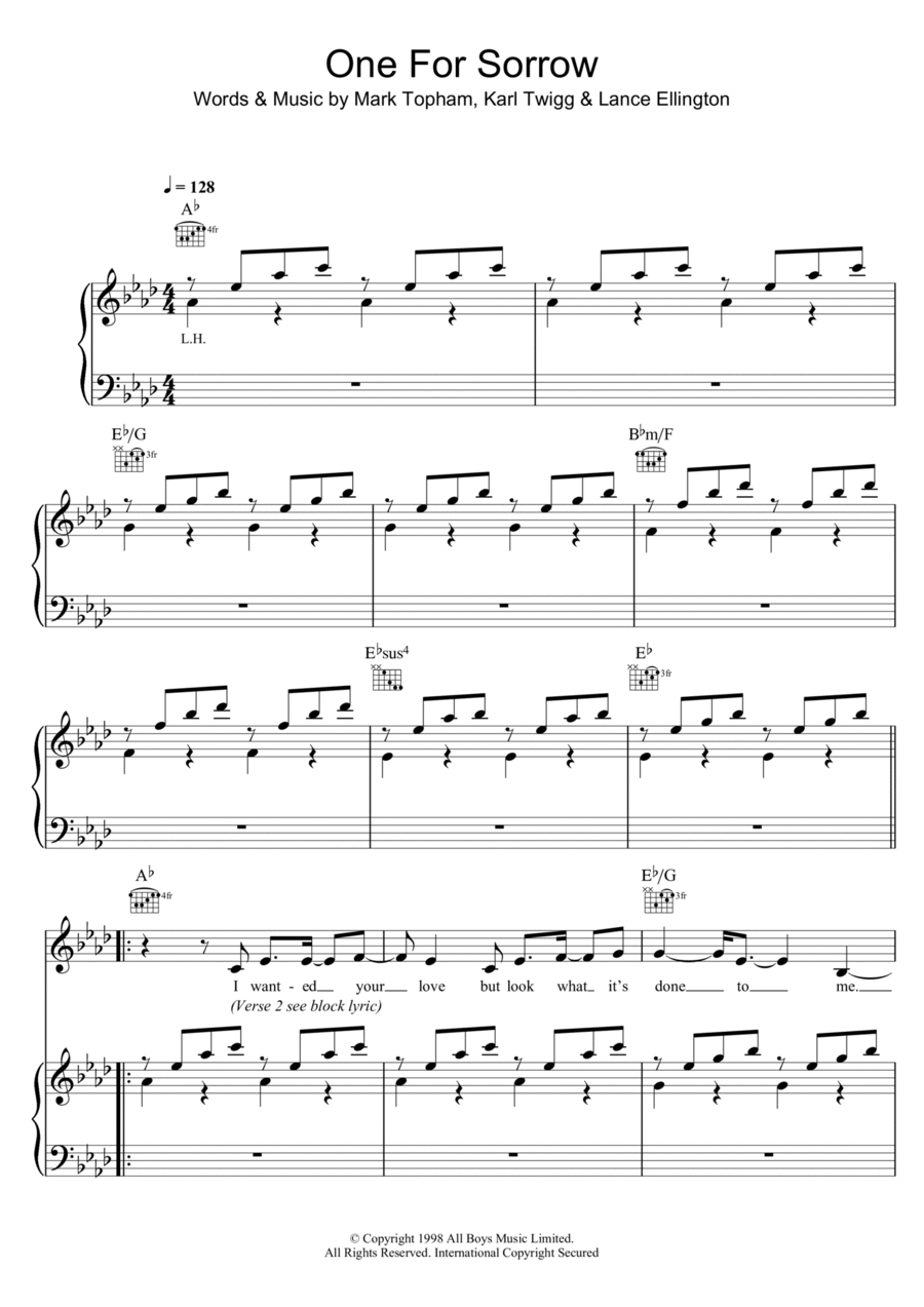 One For Sorrow Piano, Vocal, Guitar scores gallery preview page 1
