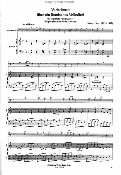 Variationen über ein litauisches Volkslied für Violoncello und Klavier ("Flogen einst fünf wilde Schwäne")