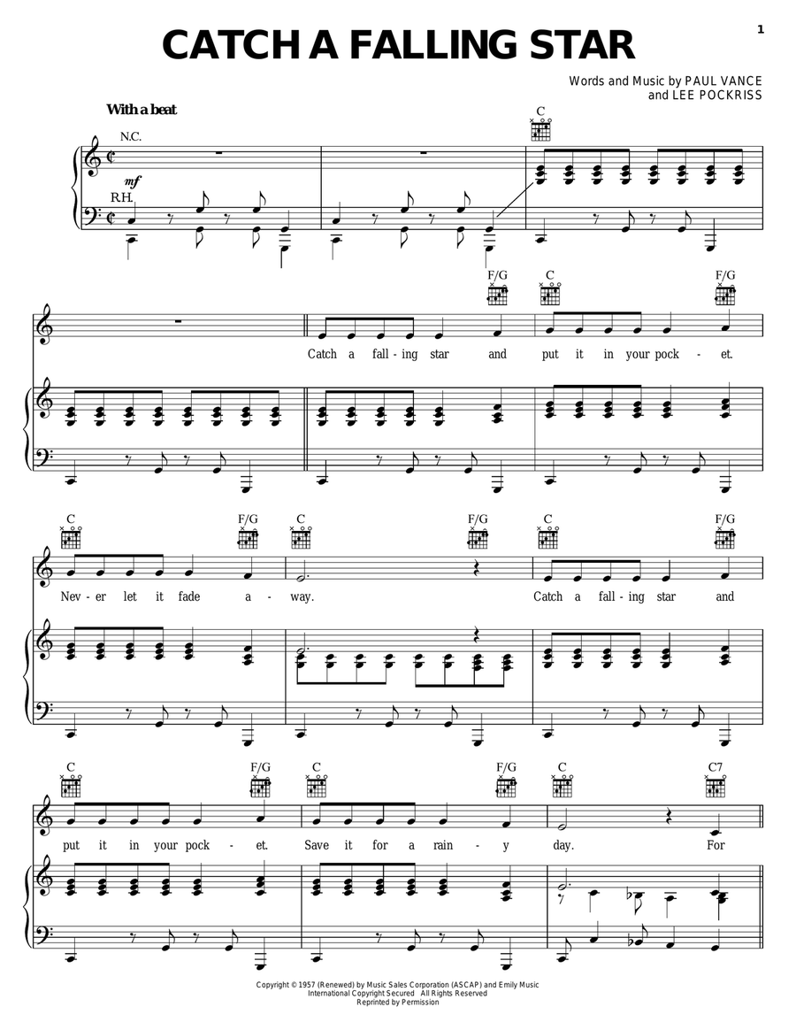 Catch A Falling Star Piano, Vocal, Guitar scores gallery preview page 1