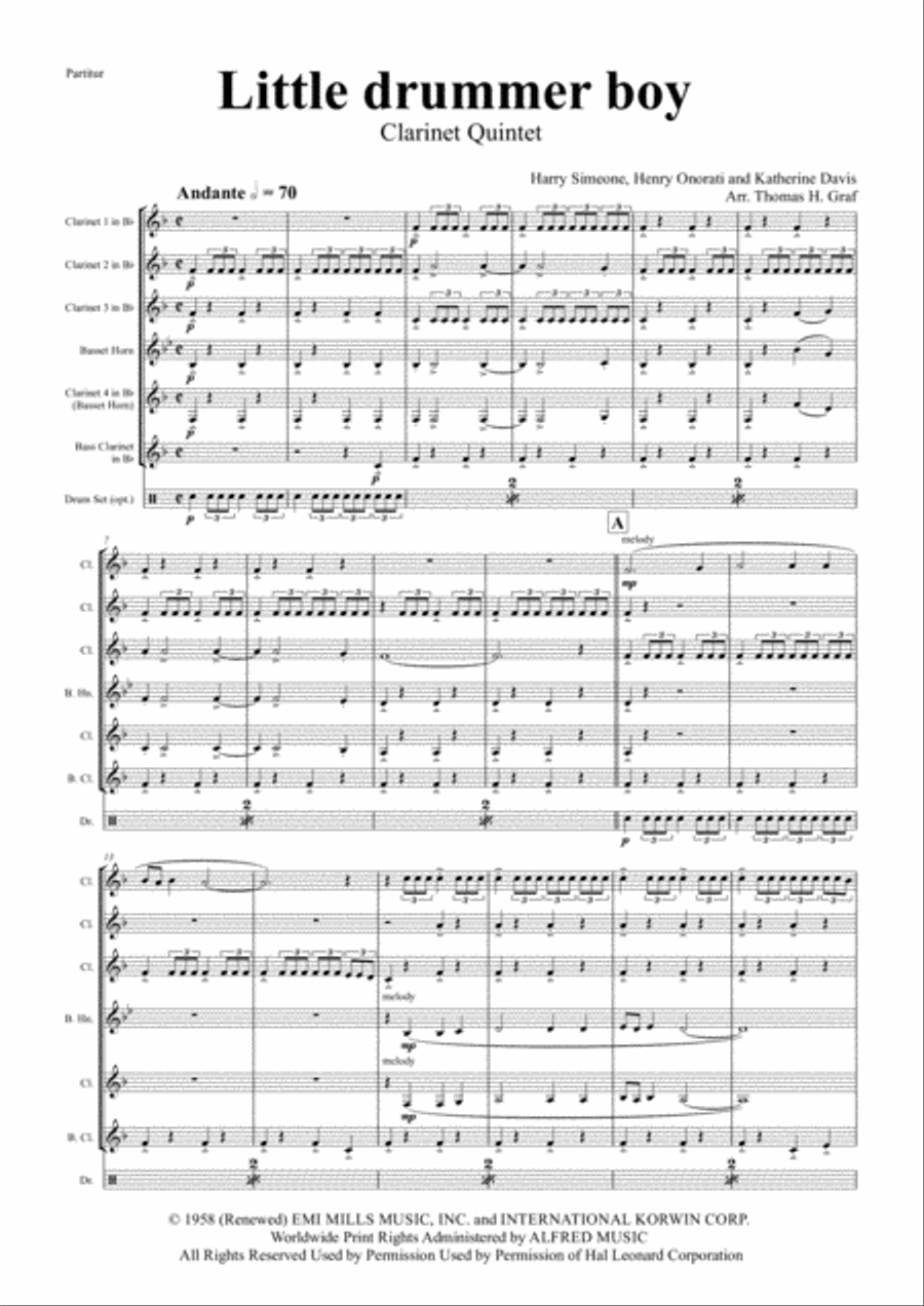 The Little Drummer Boy Clarinet Quintet scores gallery preview page 1