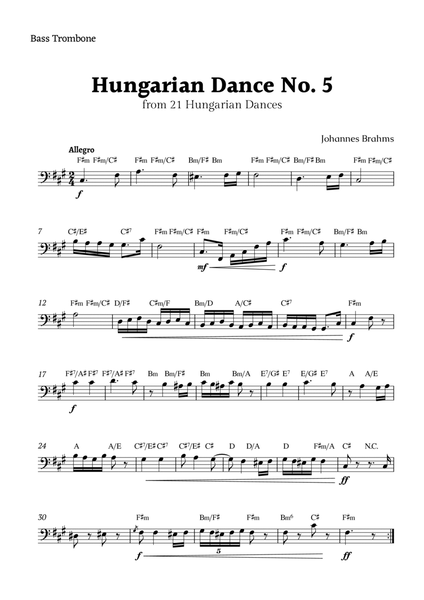 Hungarian Dance No. 5 by Brahms for Bass Trombone Solo with Chords image number null