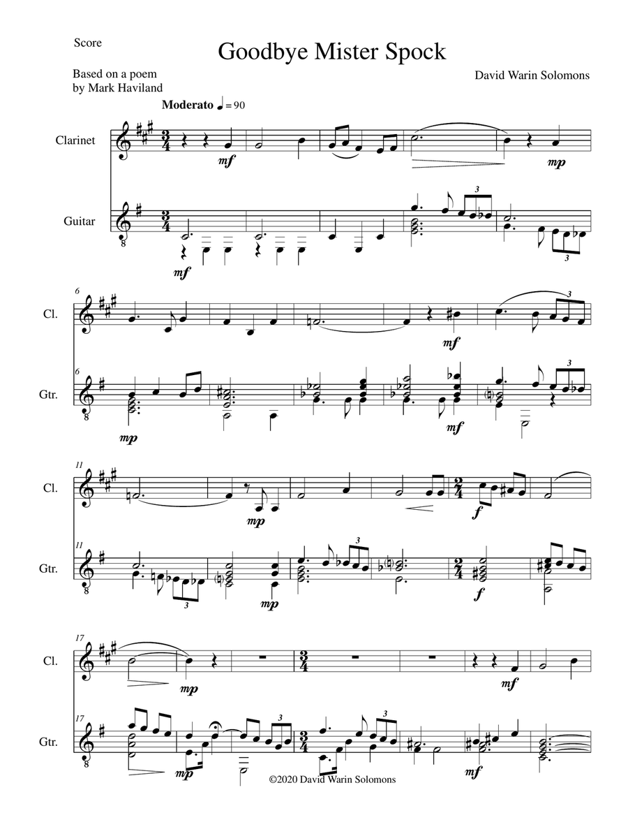 Goodbye Mister Spock for clarinet and guitar Clarinet scores gallery preview page 1