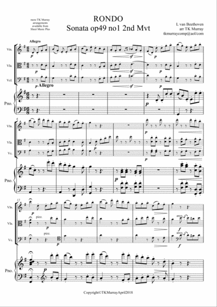 Beethoven - Rondo Op.49 - Piano Quartet Violin, Viola, Cello, Piano Piano Quartet scores gallery preview page 1