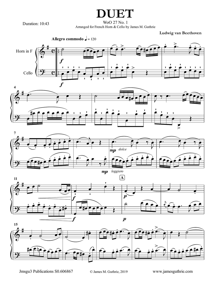 Beethoven: Duet WoO 27 No. 1 for French Horn & Cello Horn scores gallery preview page 1