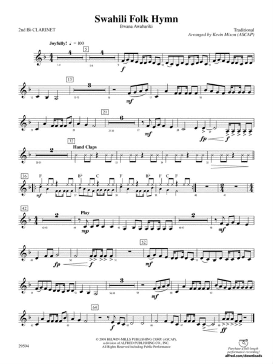 Swahili Folk Hymn (Bwana Awabariki): 2nd B-flat Clarinet Concert Band scores gallery preview page 1