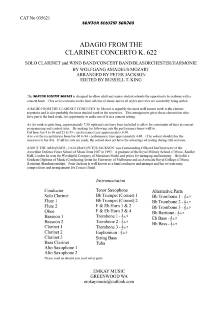 ADAGIO From The CLARINET CONCERTO K622 - Solo Clarinet with Concert Band Accompaniment Concert Band scores gallery preview page 2