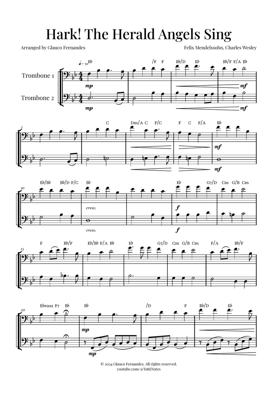 Hark! The Herald Angels Sing - Christmas Carol Duet Trombone Duet scores gallery preview page 1