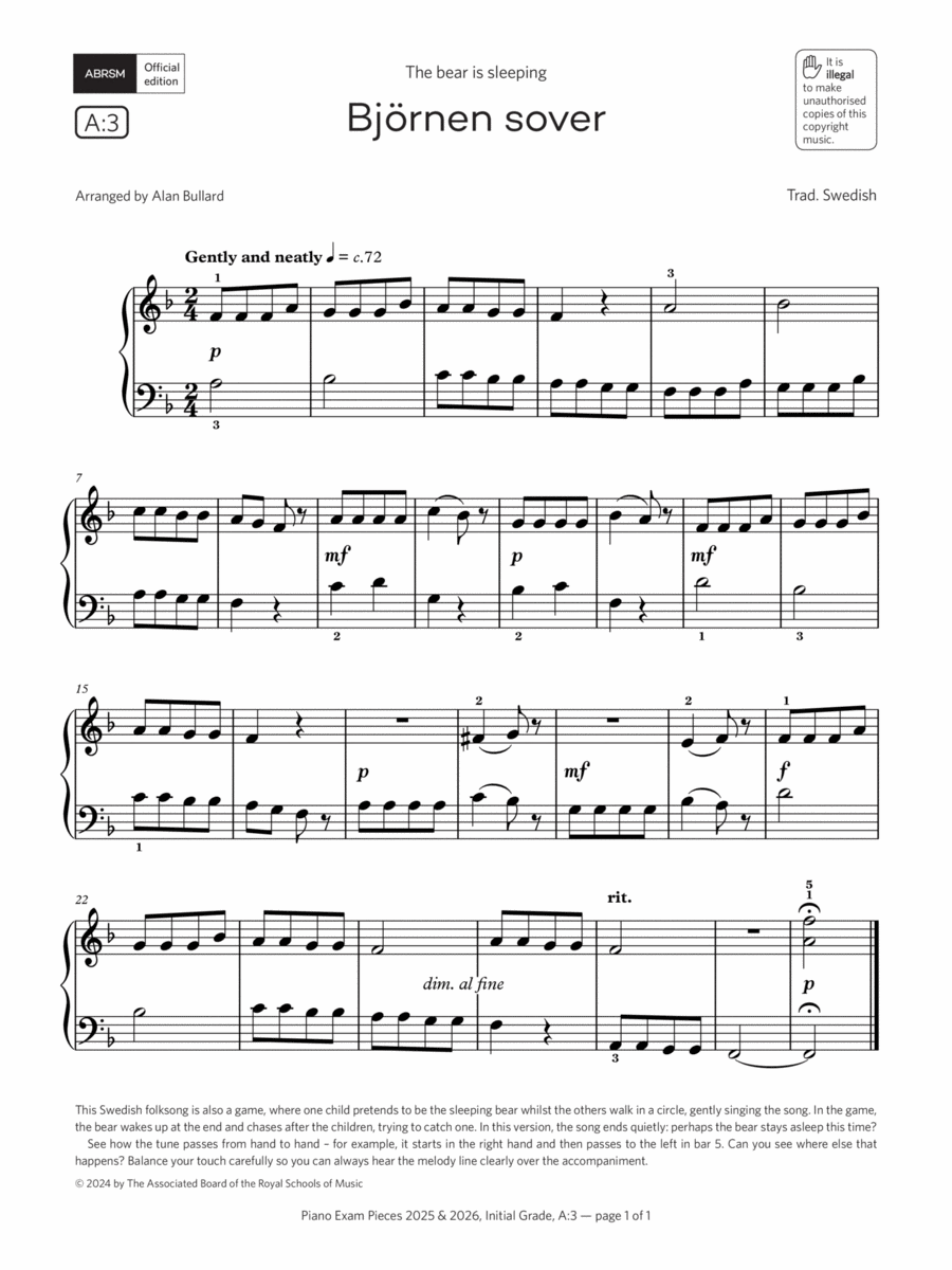 Bjørnen sover (Grade Initial, list A3, from the ABRSM Piano Syllabus 2025 & 2026) Piano Method scores gallery preview page 1