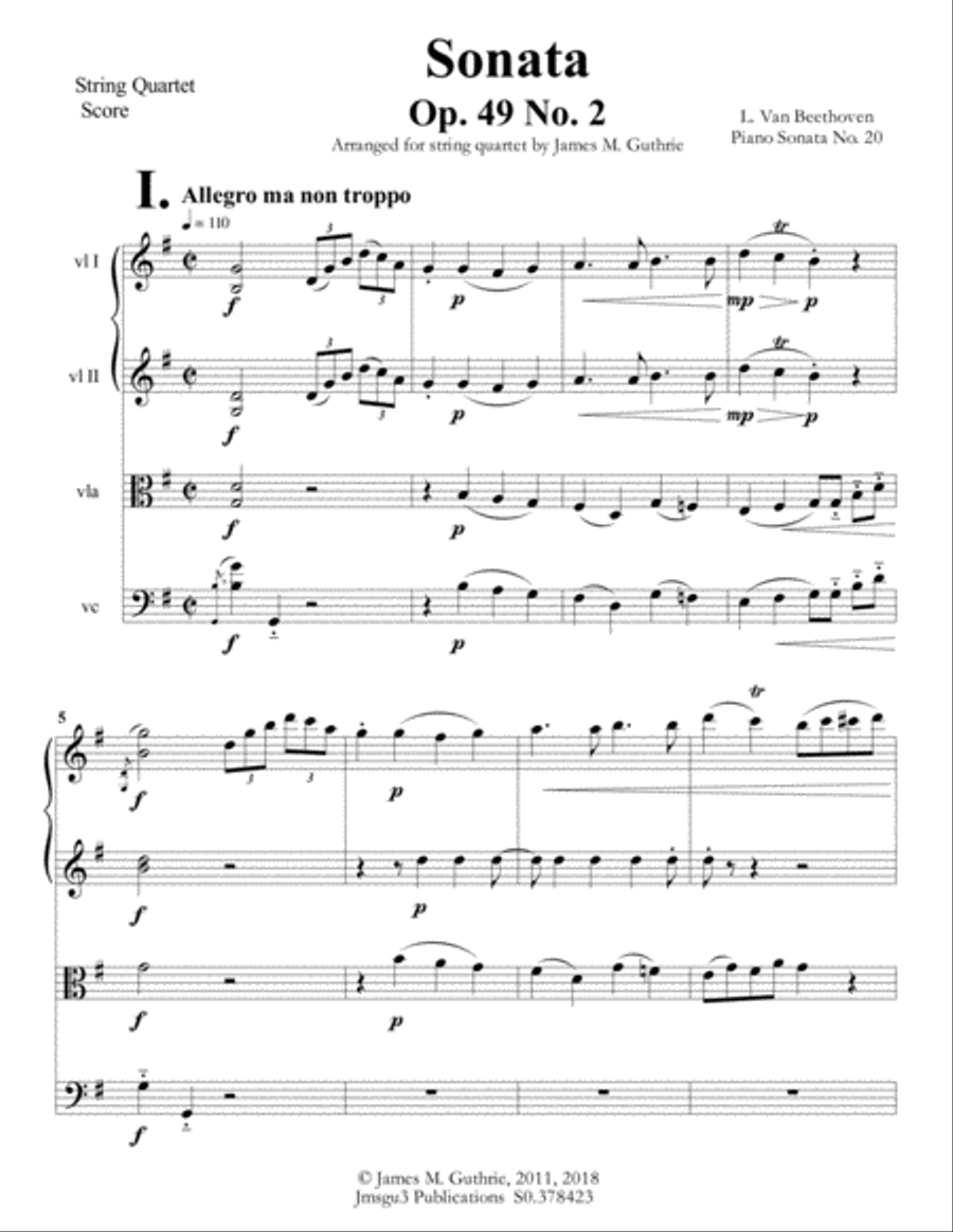 Beethoven: Sonata Op. 49 No. 2 for String Quartet String Quartet scores gallery preview page 2