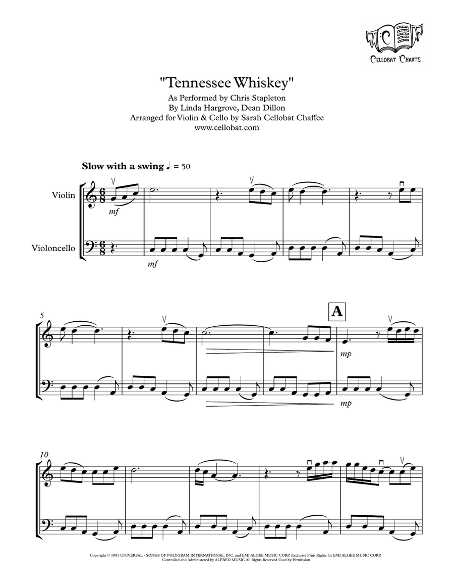 Tennessee Whiskey by Chris Stapleton String Duet - Digital Sheet Music