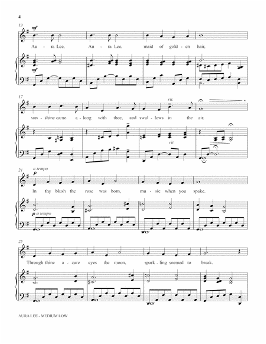 Aura Lee (Medium Low Voice) (includes Audio) Choir scores gallery preview page 3