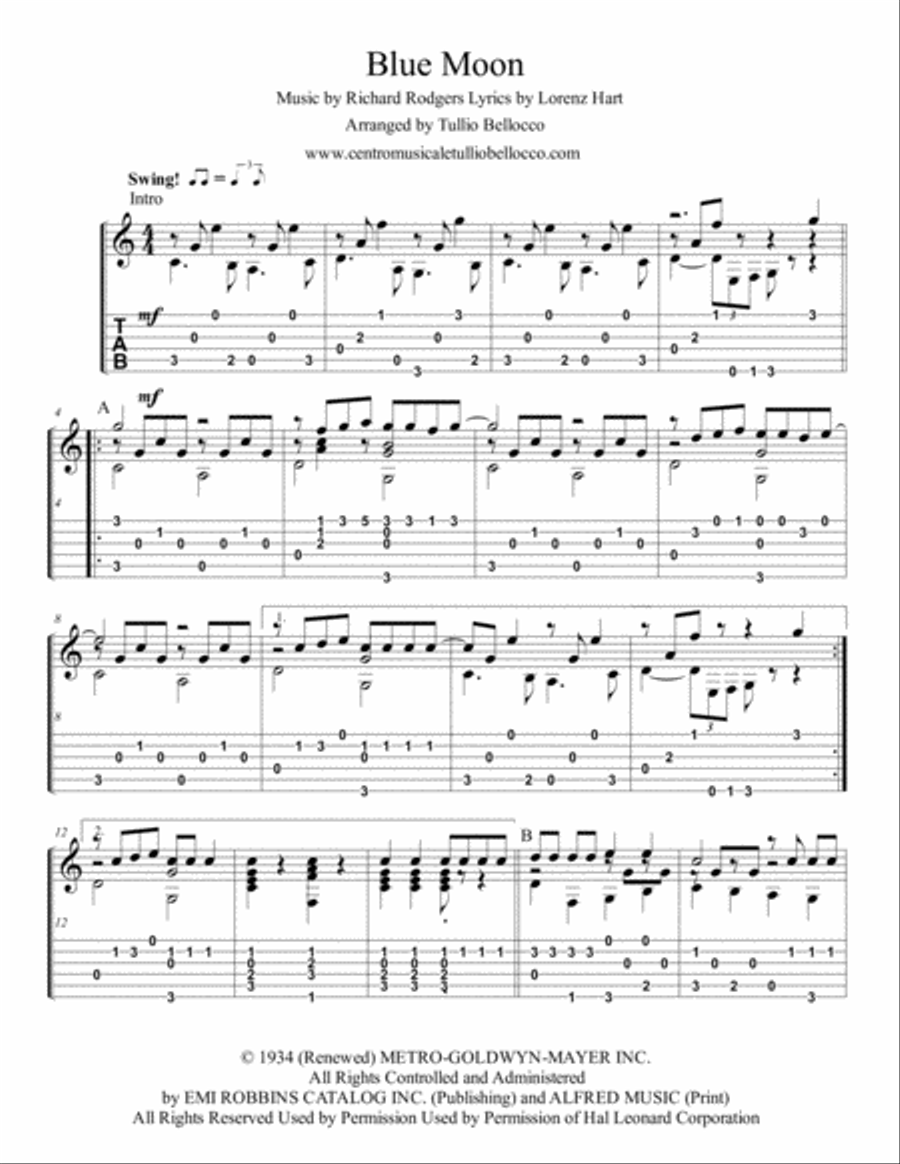 Blue Moon Guitar Tablature scores gallery preview page 2