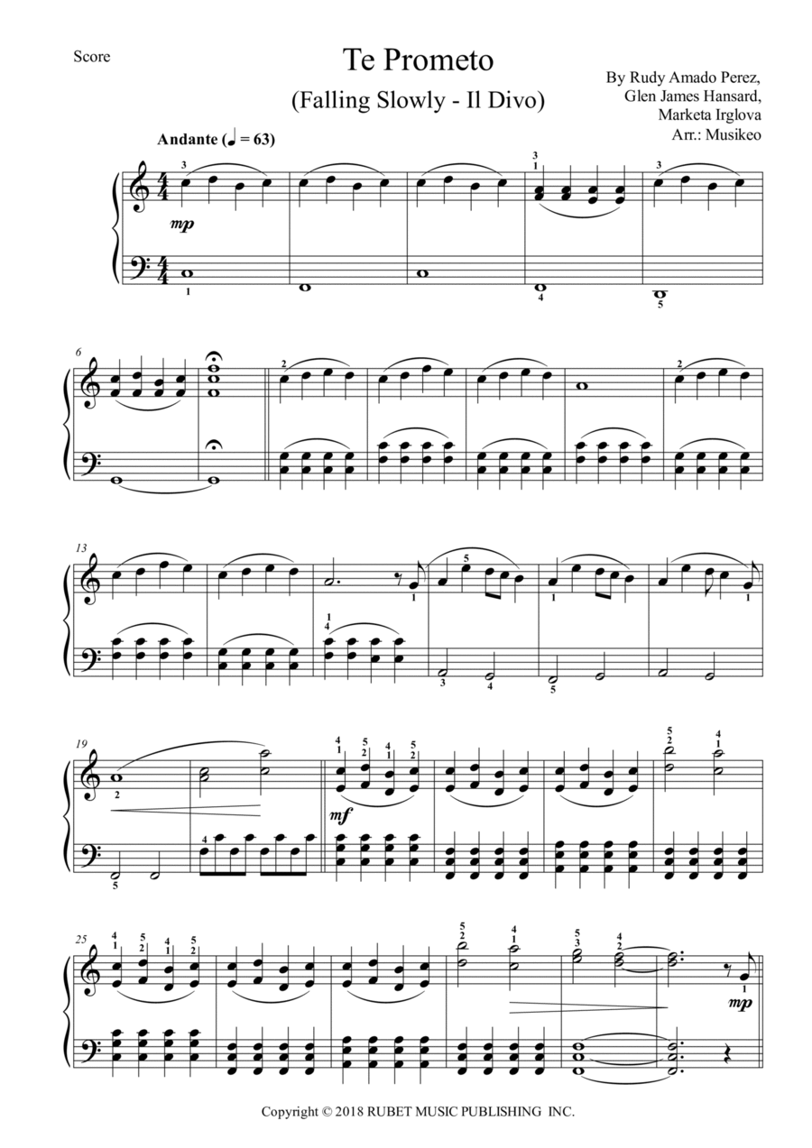 Te Prometo (falling Slowly) Easy Piano scores gallery preview page 1