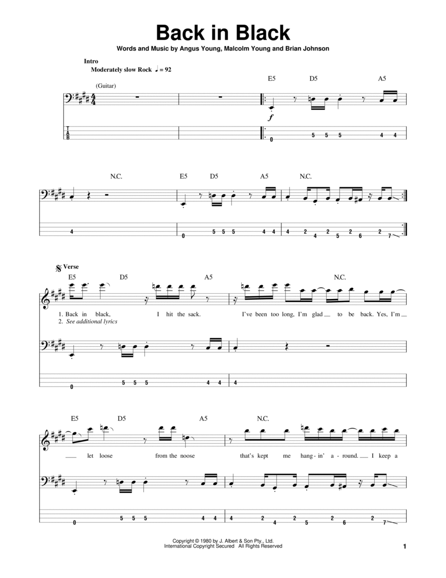 Back In Black Bass Guitar Tablature scores gallery preview page 1